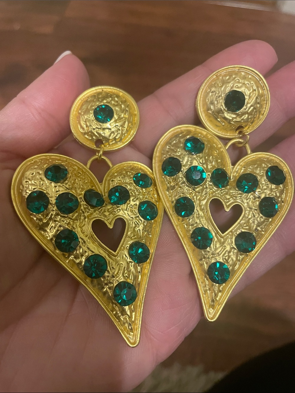 Bauer Gold Heart Drop Earrings with Green Stones
